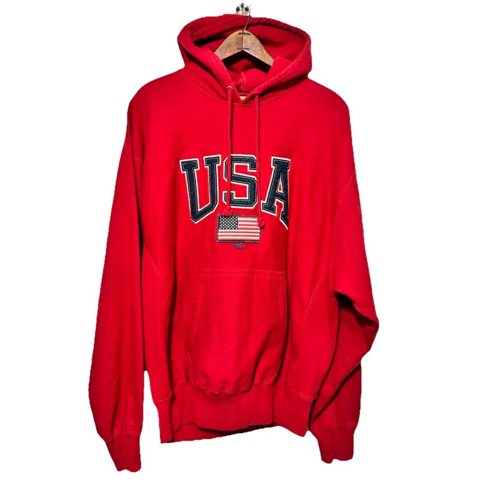 Vintage Steve & Barry’s USA Flag Red Hoodie Pullover Sweatshirt Mens XL